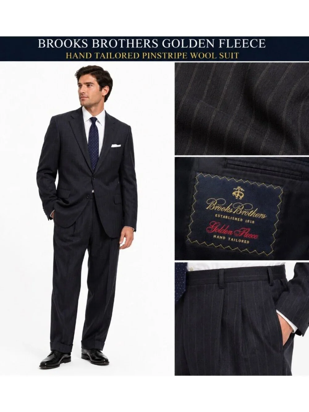 BROOSK BROTHERS GOLDEN FLEECE SUIT 40R 33W 28L charcoal pinstripe executive